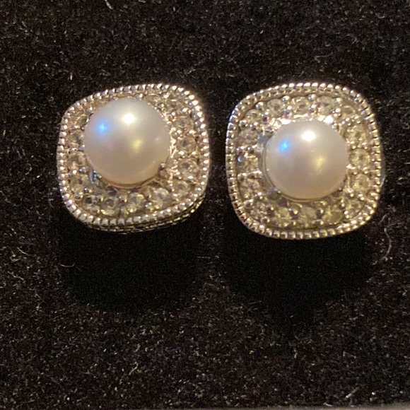 Pearl and diamond earrings, square setting .925 silver. - Picture 2 of 3